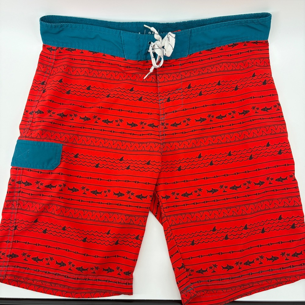 Carbon Board Swim Shorts Mens 34 Red Shark Palm Tree Print Swim Trunks 10"